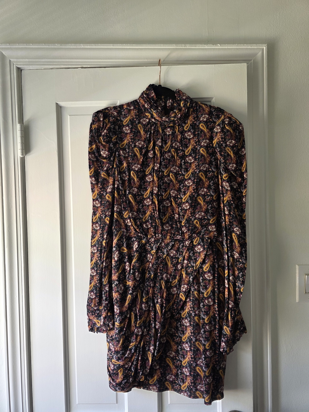 Floral Paisley Long-Sleeve Mini Dress in Navy and Mustard